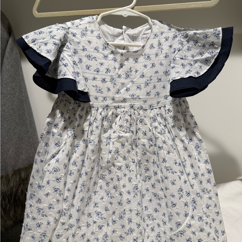 Floral White and Blue Kids Dress